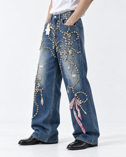 Chain Ribbon Embellished Jeans