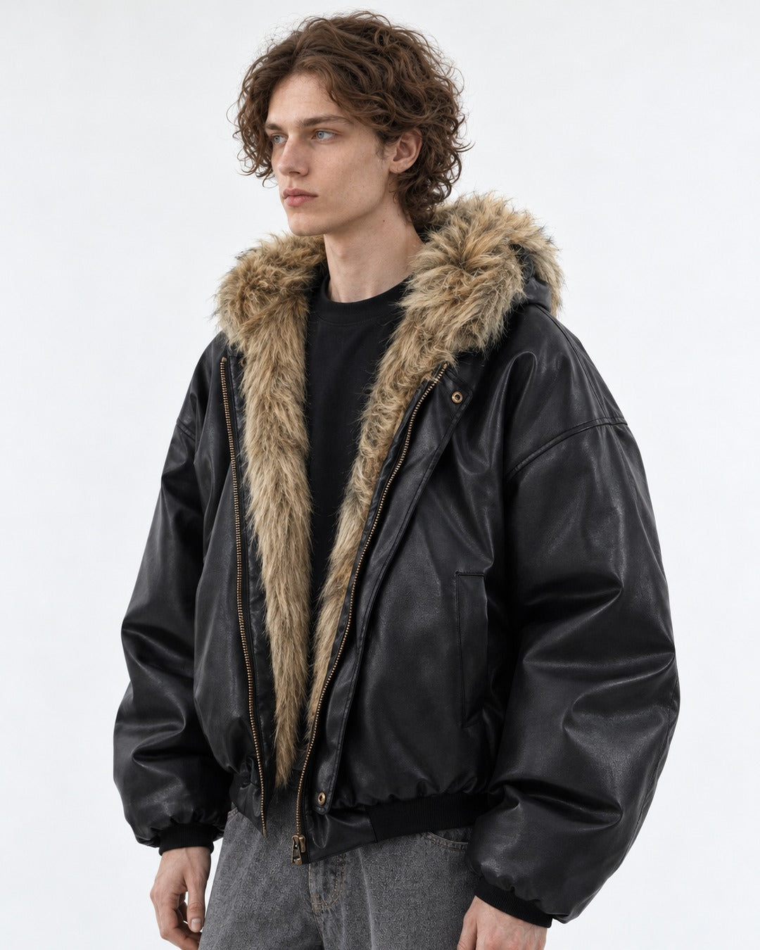 Faux-Fur Lined Hooded Leather Bomber