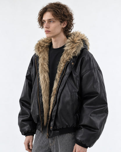 Faux-Fur Lined Hooded Leather Bomber