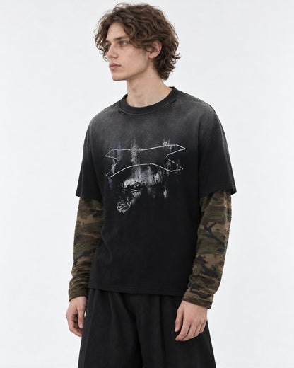 Camouflage Patchwork Gradient Wash Layered-Look T-Shirt