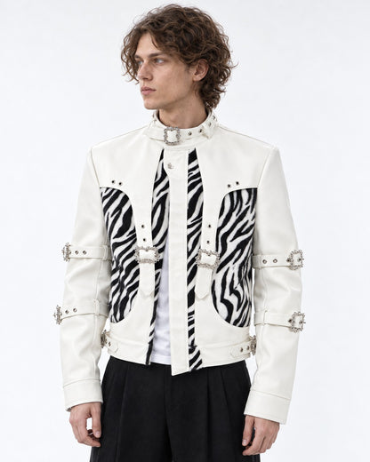 Faux Zebra Print Fur Patchwork Leather Jacket