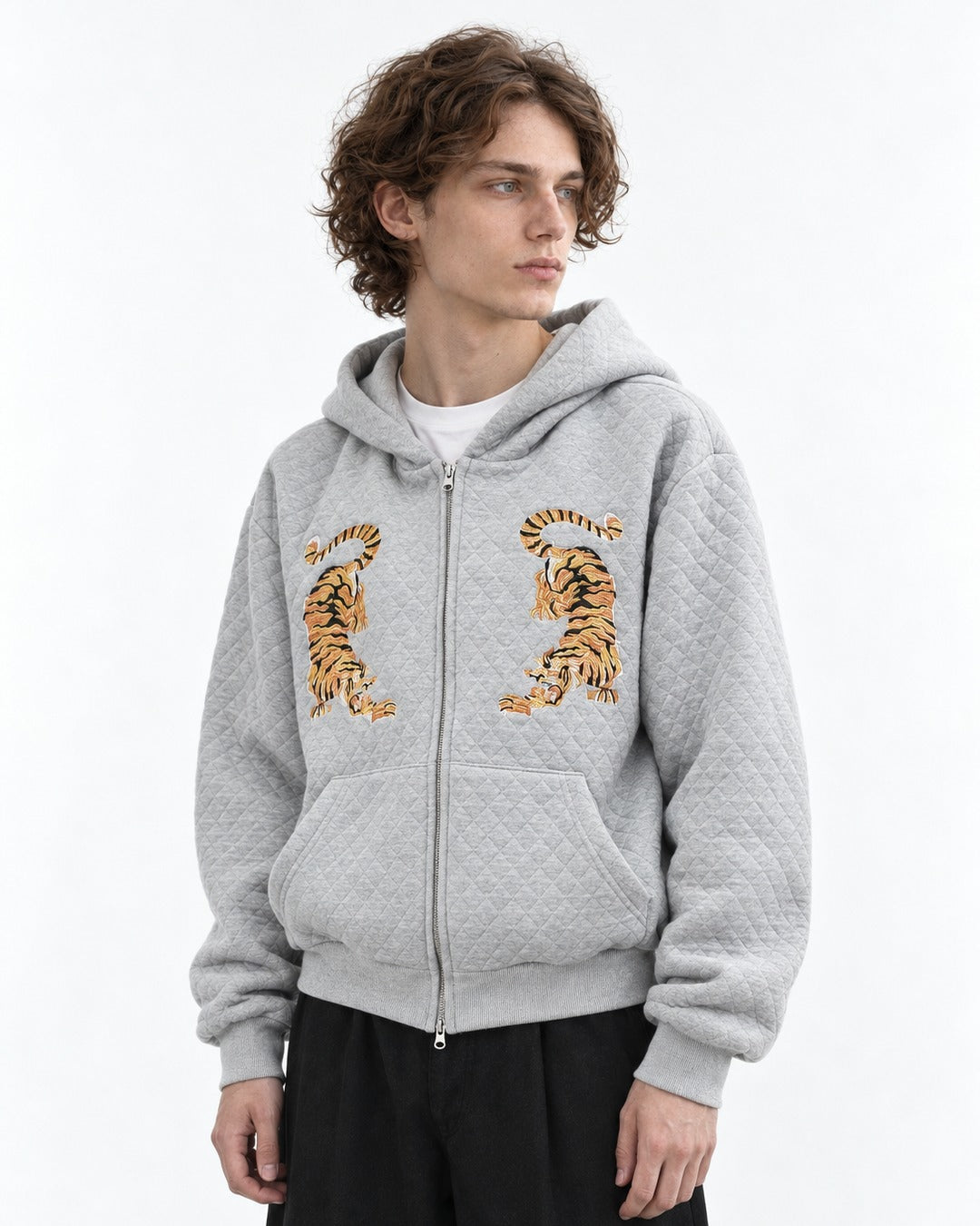 Tiger Embroidered Quilted Zip Hoodie