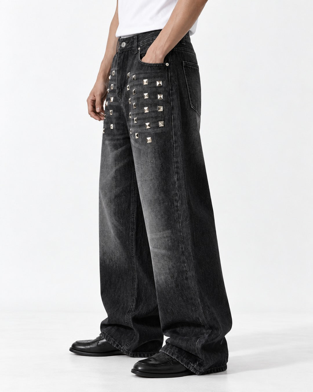 Studded Distressed Wide Jeans