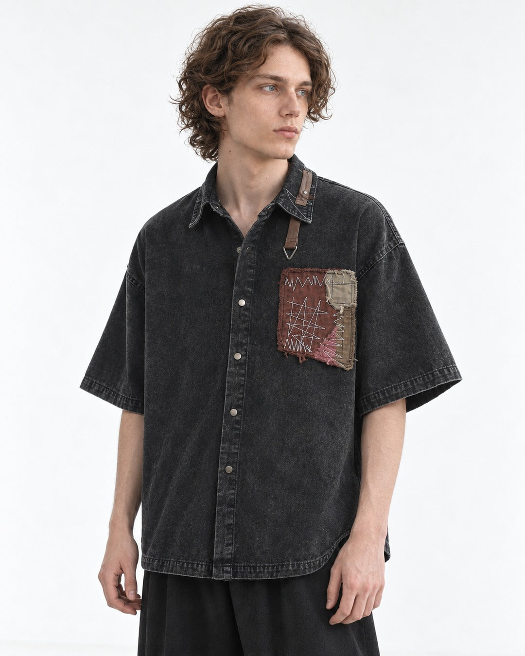 Washed Denim Patchwork Short-Sleeve Shirt