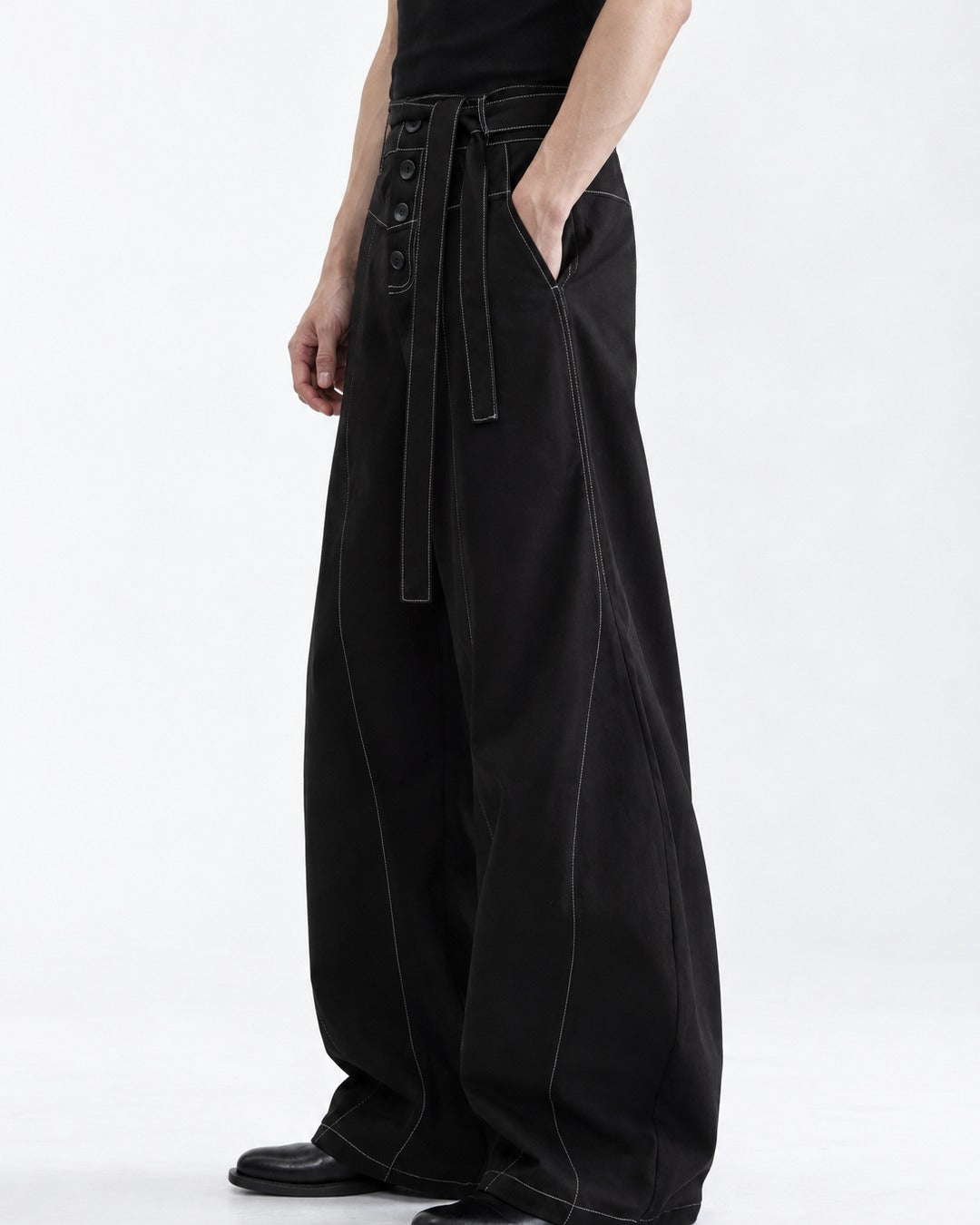 Contrast Stitch Wide-Leg Pants with Tie Belt