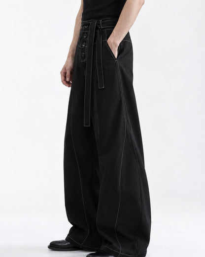 Contrast Stitch Wide-Leg Pants with Tie Belt