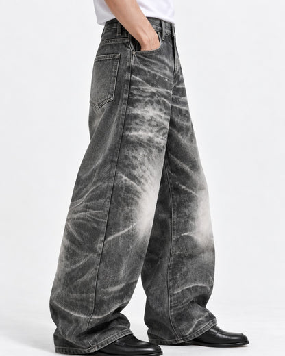 Whiskered Faded Wide-Leg Jeans