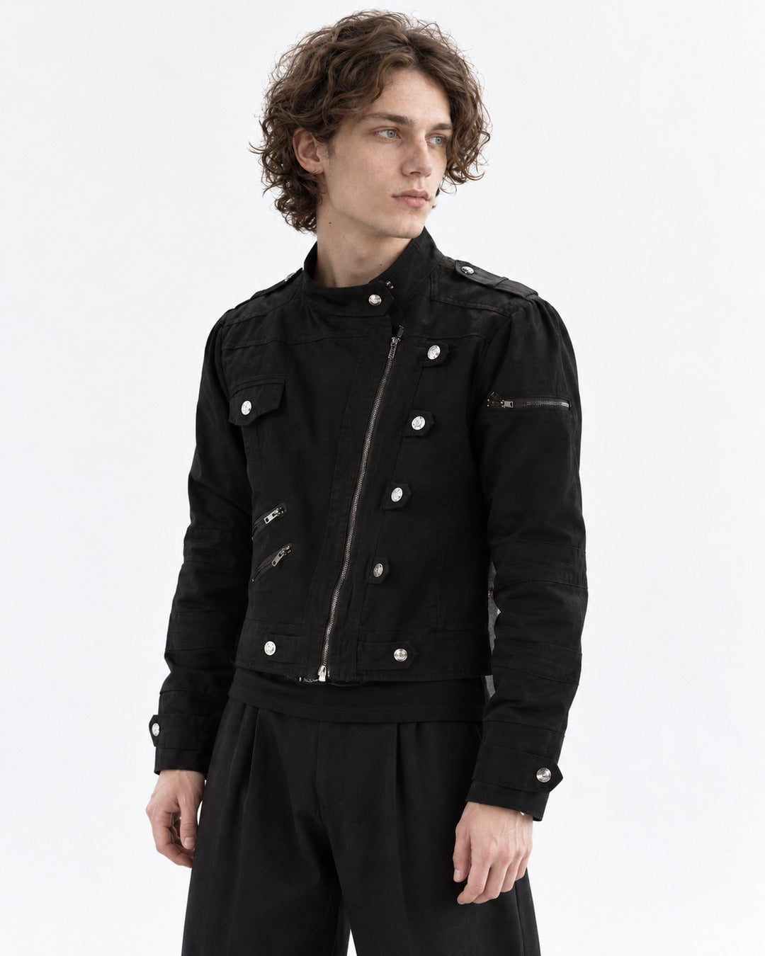 Studded Diagonal-Zip Stand Collar Jacket