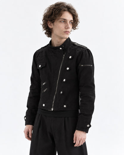 Studded Diagonal-Zip Stand Collar Jacket