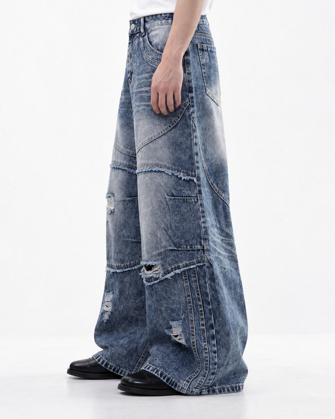 Stacked-Panel Frayed Blue Wide-Leg Jeans
