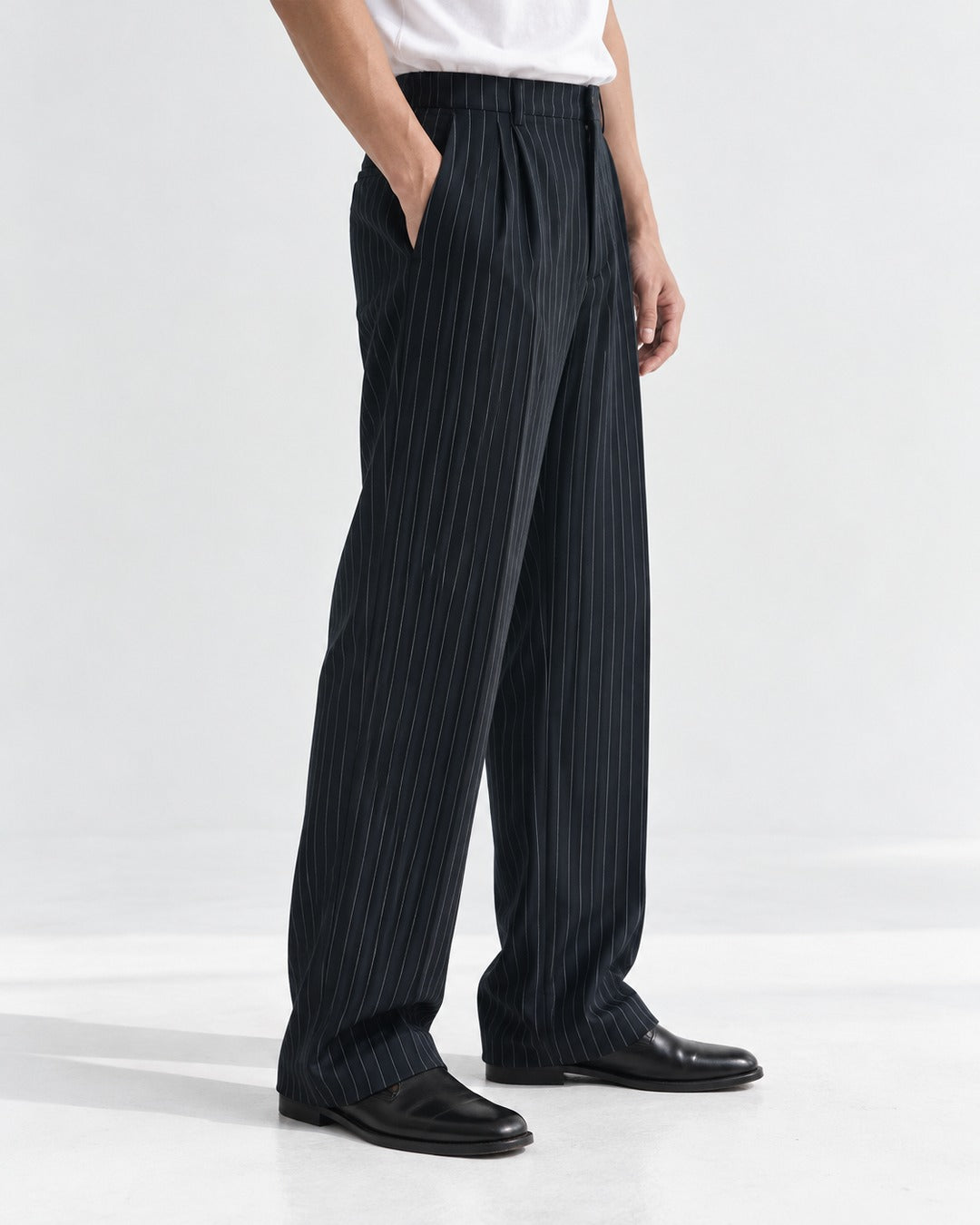 Pinstripe Pleated Straight Trousers