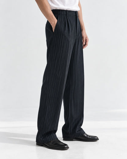Pinstripe Pleated Straight Trousers
