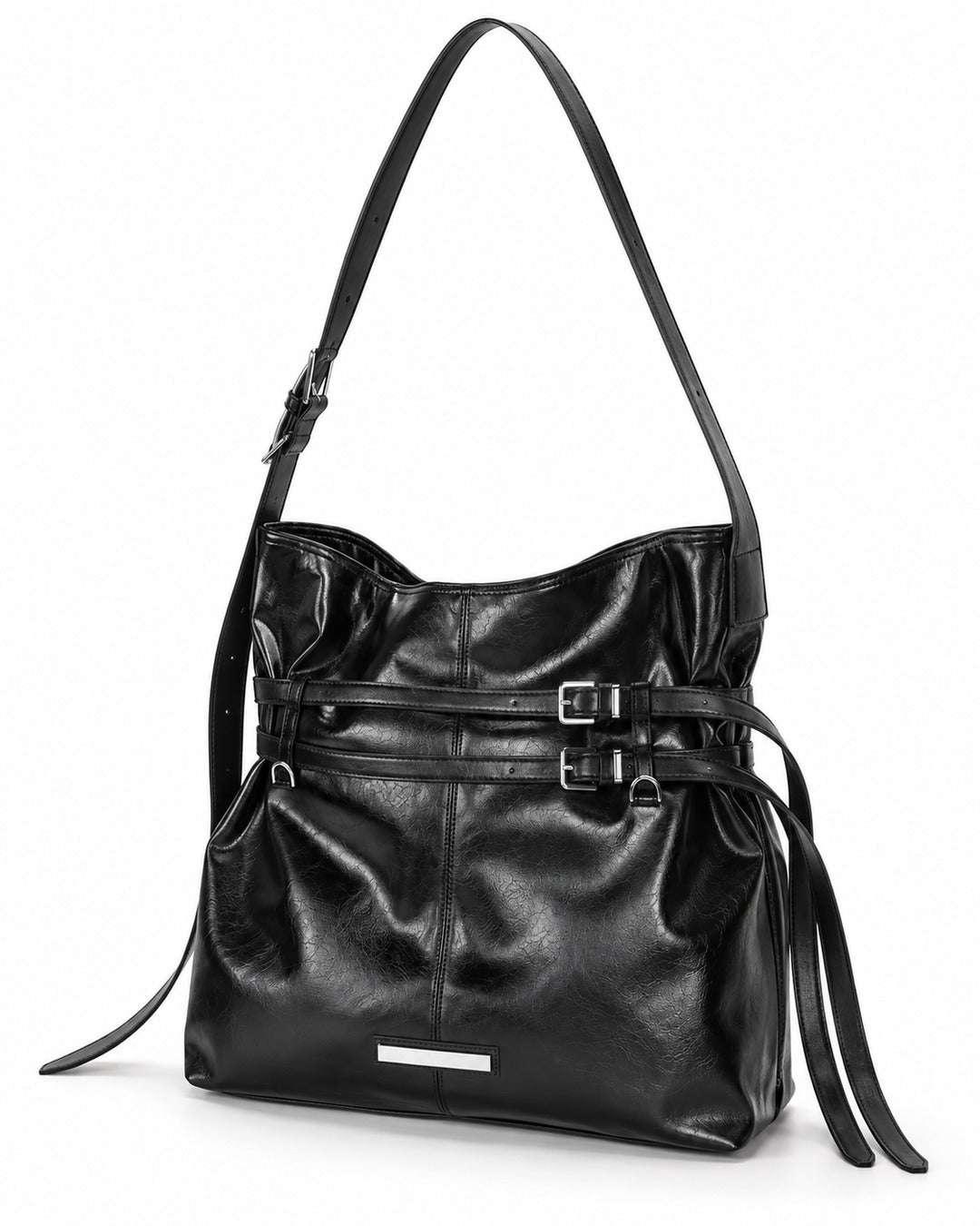 Glossy Black Buckle Strap Shoulder Bag