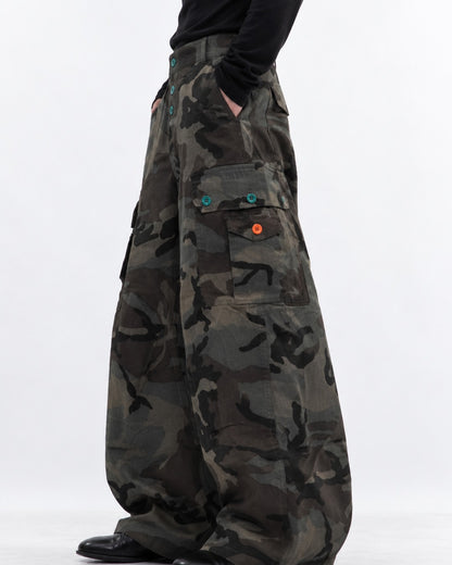 Camouflage Button Balloon-Leg Cargo Pants