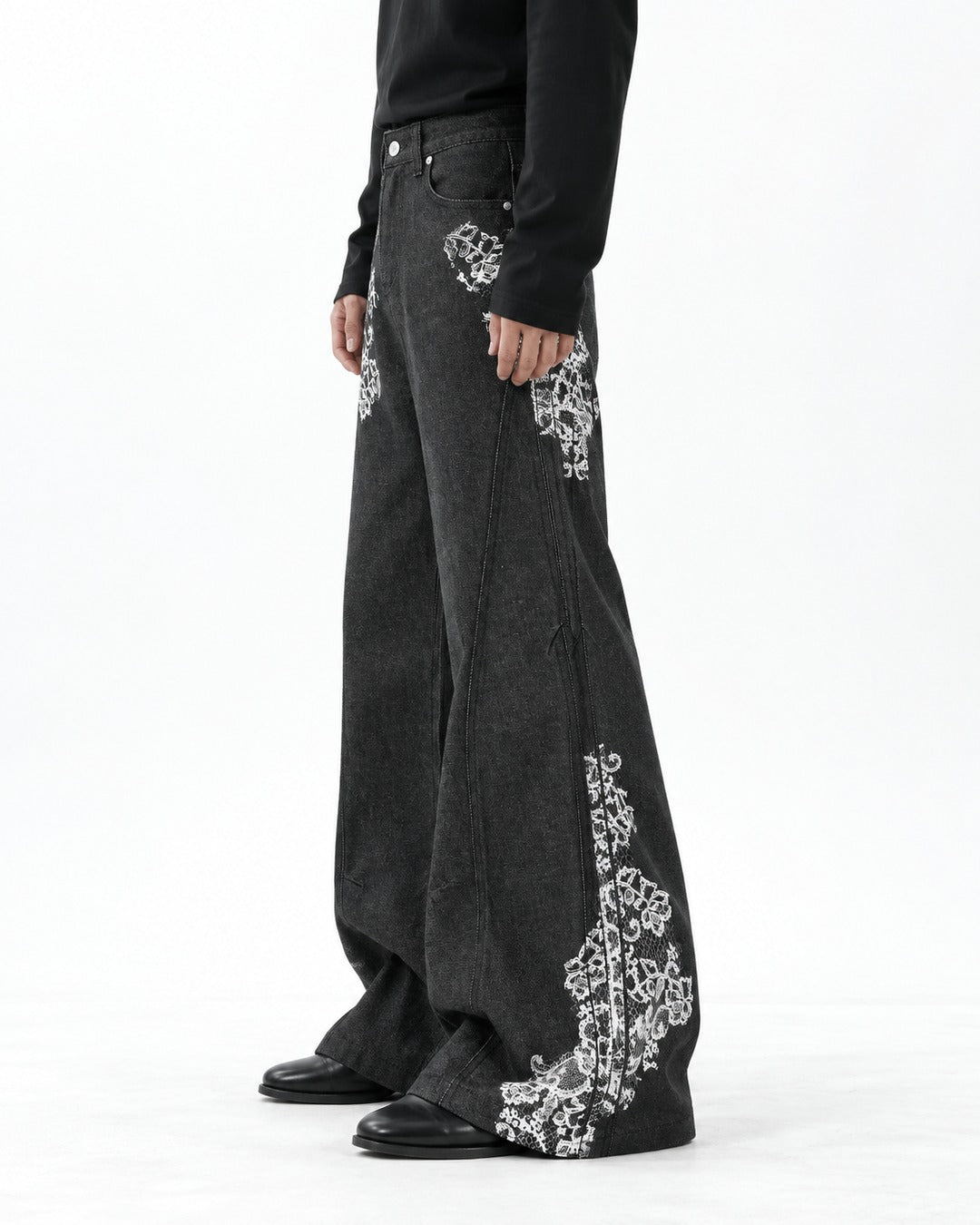 Lace-Print Black Wide-Leg Denim