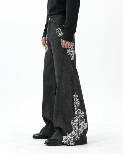 Lace-Print Black Wide-Leg Denim