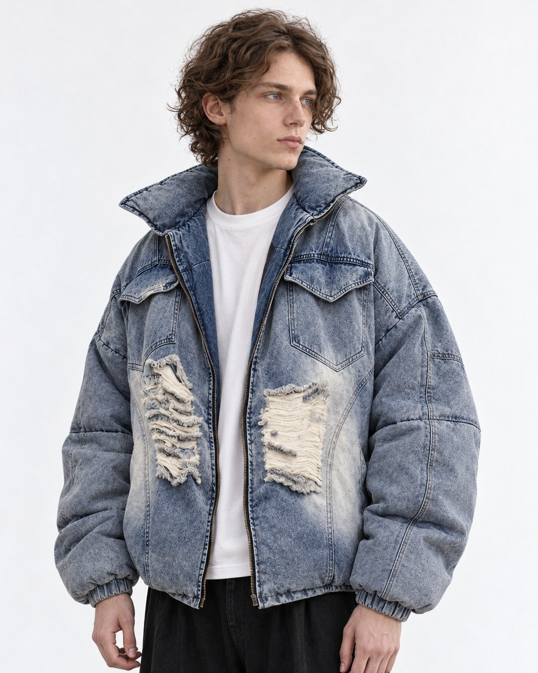 Ripped Patch Denim Puffer Jacket