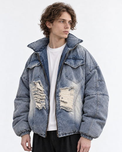 Ripped Patch Denim Puffer Jacket