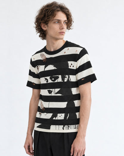 Torn Striped Portrait Print Knit Tee