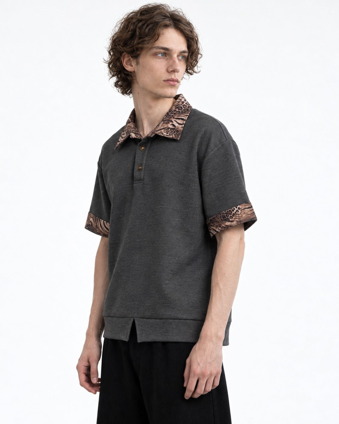 Leopard Print Collar Short Sleeve Polo Top