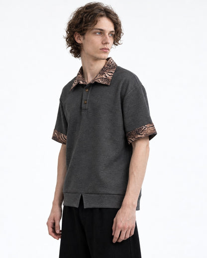 Leopard Print Collar Short Sleeve Polo Top