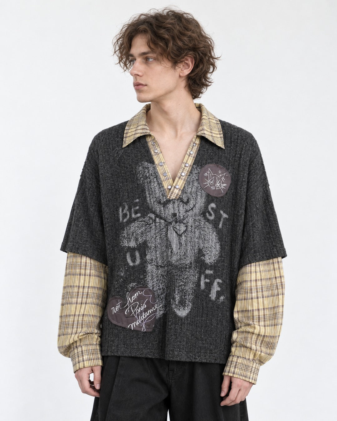 Layered Plaid-Trim Bear Graphic Knit Top