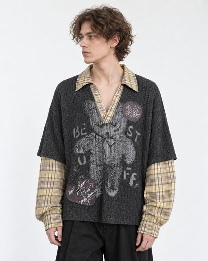 Layered Plaid-Trim Bear Graphic Knit Top