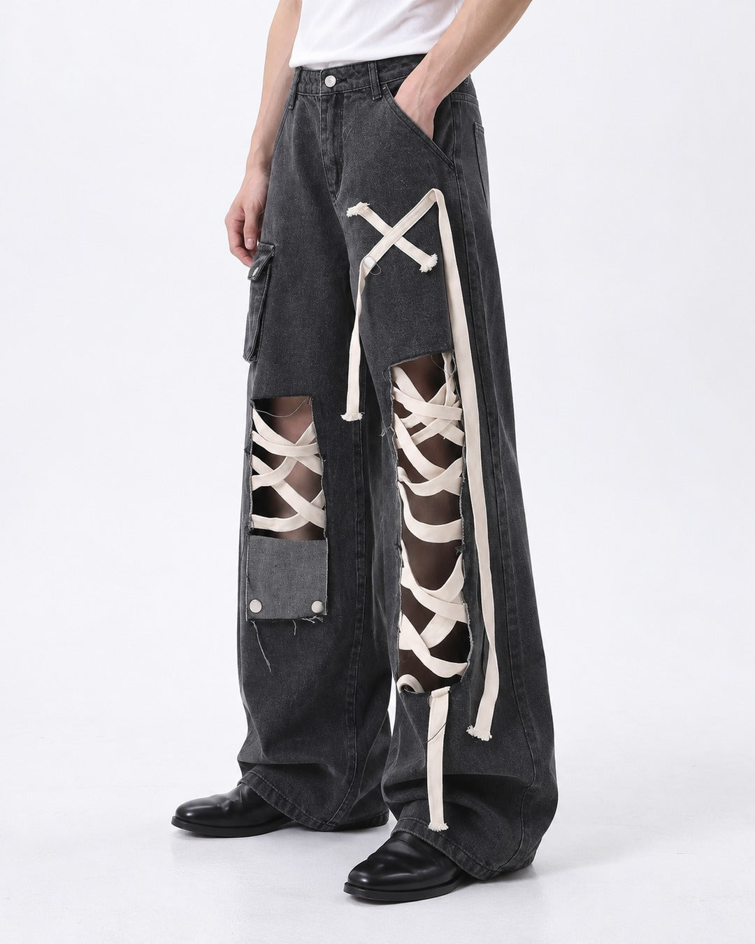 Crisscross Lace Cutout Cargo Jeans