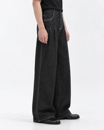 Double-Pleated Wide Denim Pants