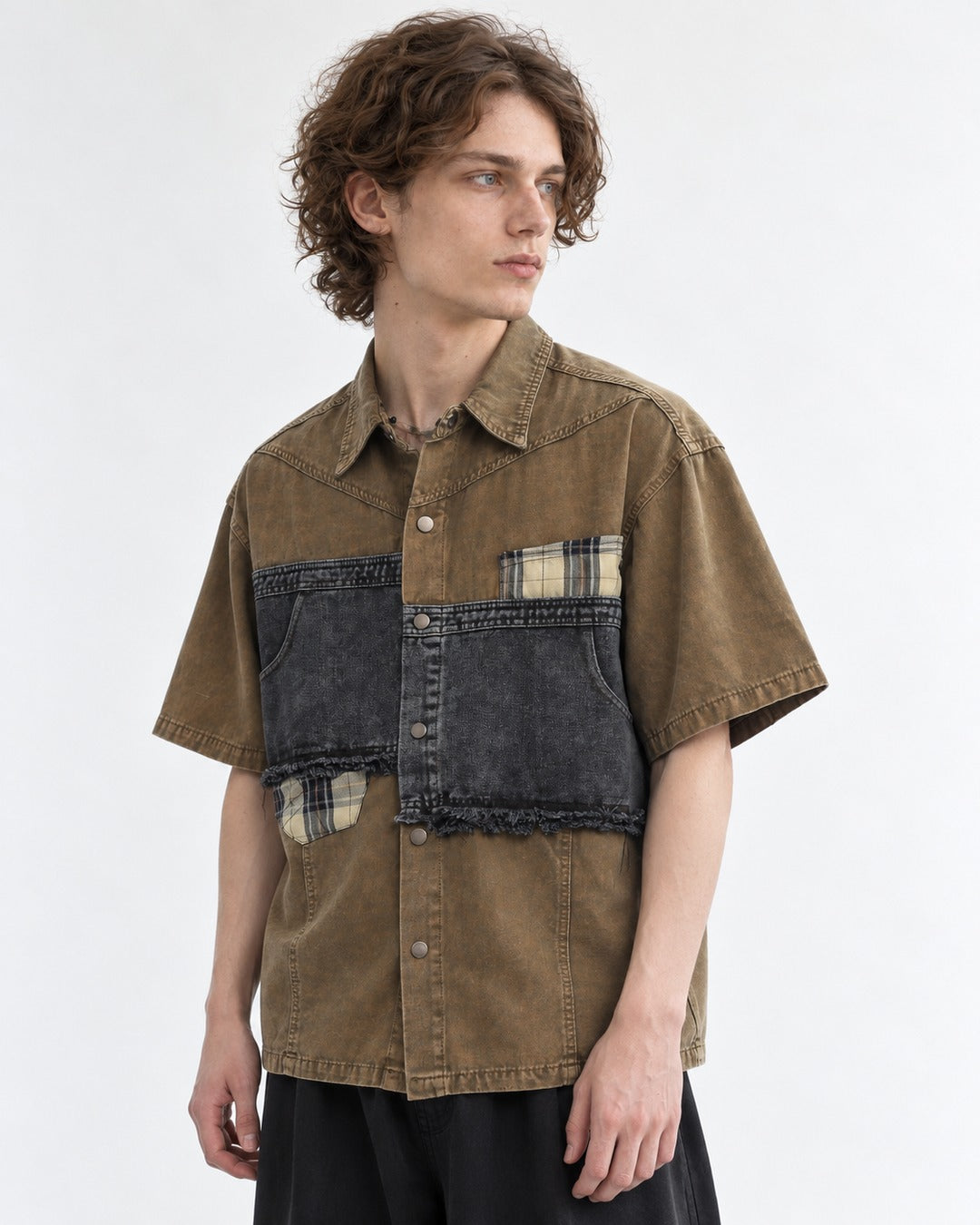 Distressed Denim Patchwork Short-Sleeve Shirt