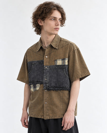 Distressed Denim Patchwork Short-Sleeve Shirt