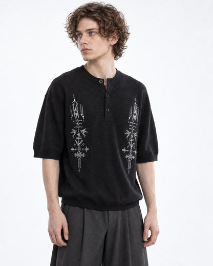 Embroidered Short-Sleeve Henley Knit Top
