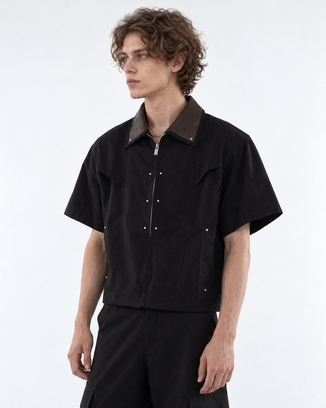 Brown Collar Studded Zip Shirt and Cargo Pants Set