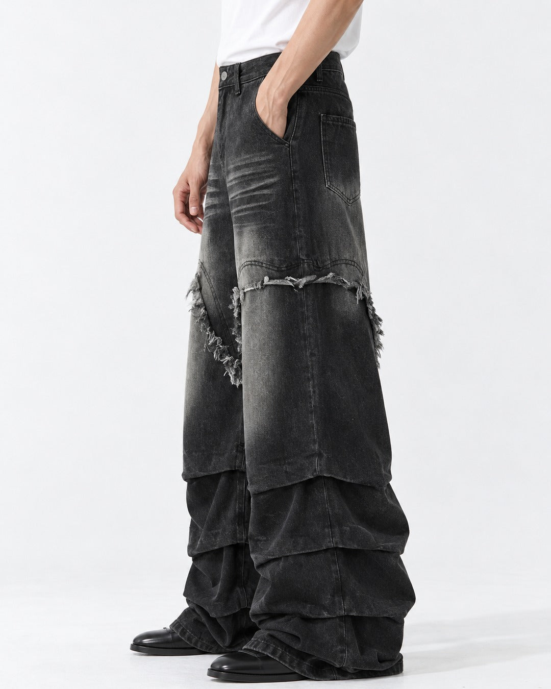 Fringed V-Seam Tiered Hem Jeans