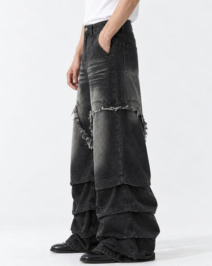 Fringed V-Seam Tiered Hem Jeans
