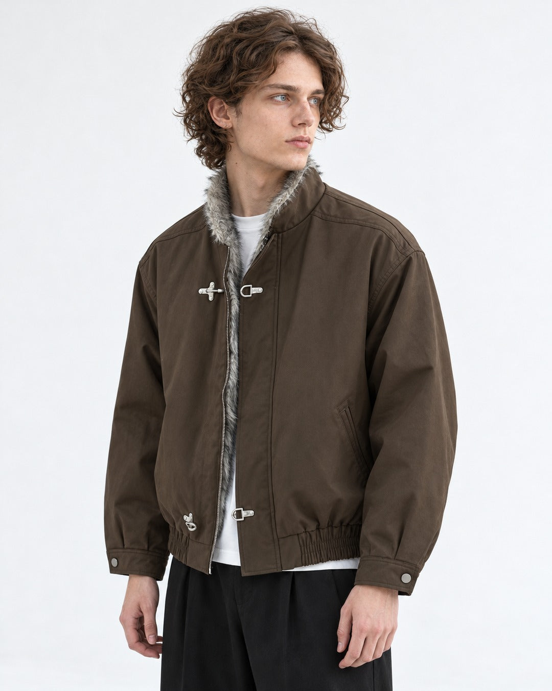 Hook Clasp Fur Collar Bomber Jacket