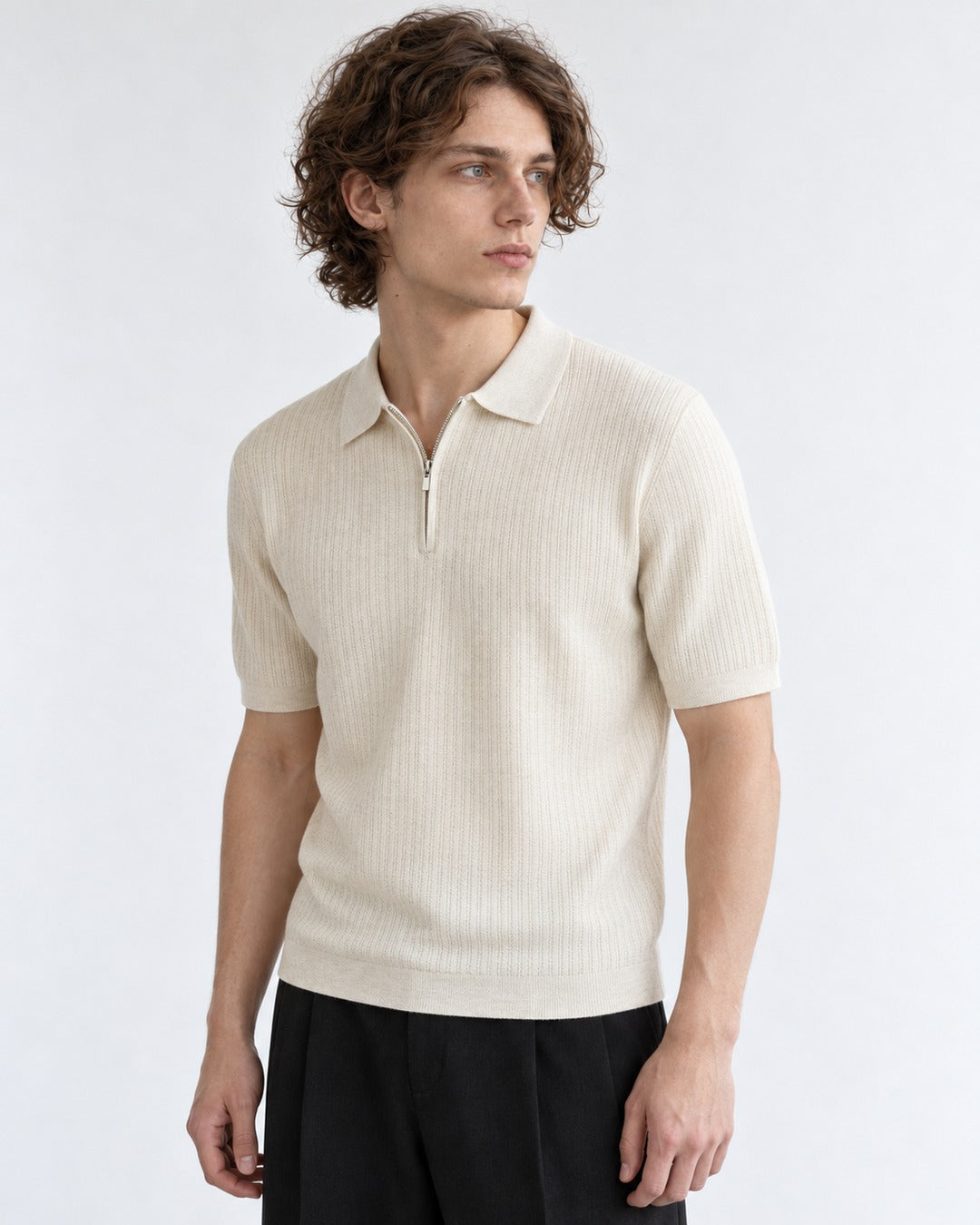 Ribbed Half-Zip Knit Polo