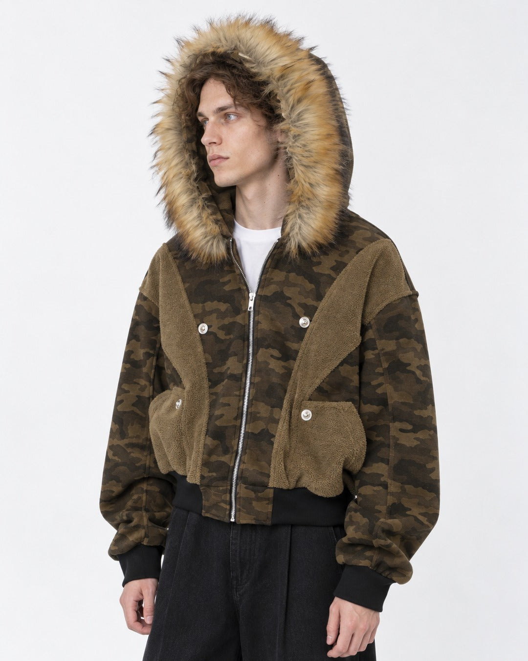 Camouflage Panelled Hooded Bomber with Fur Trim