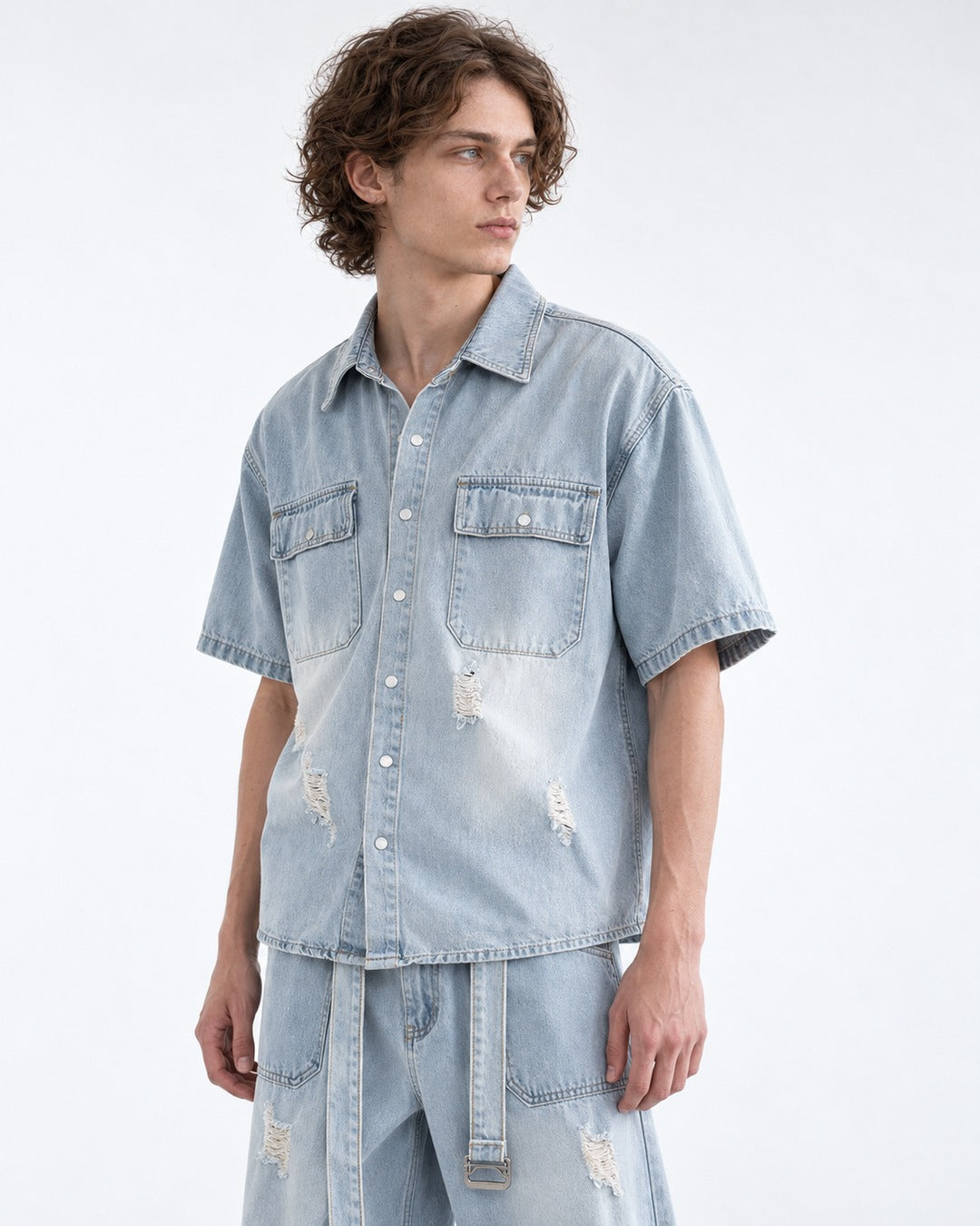 Faded Denim Shirt and Ripped Wide-Leg Jeans Set-Up
