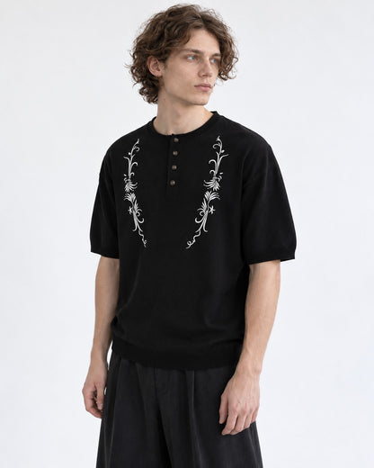 Vine Embroidered Henley Knit Top