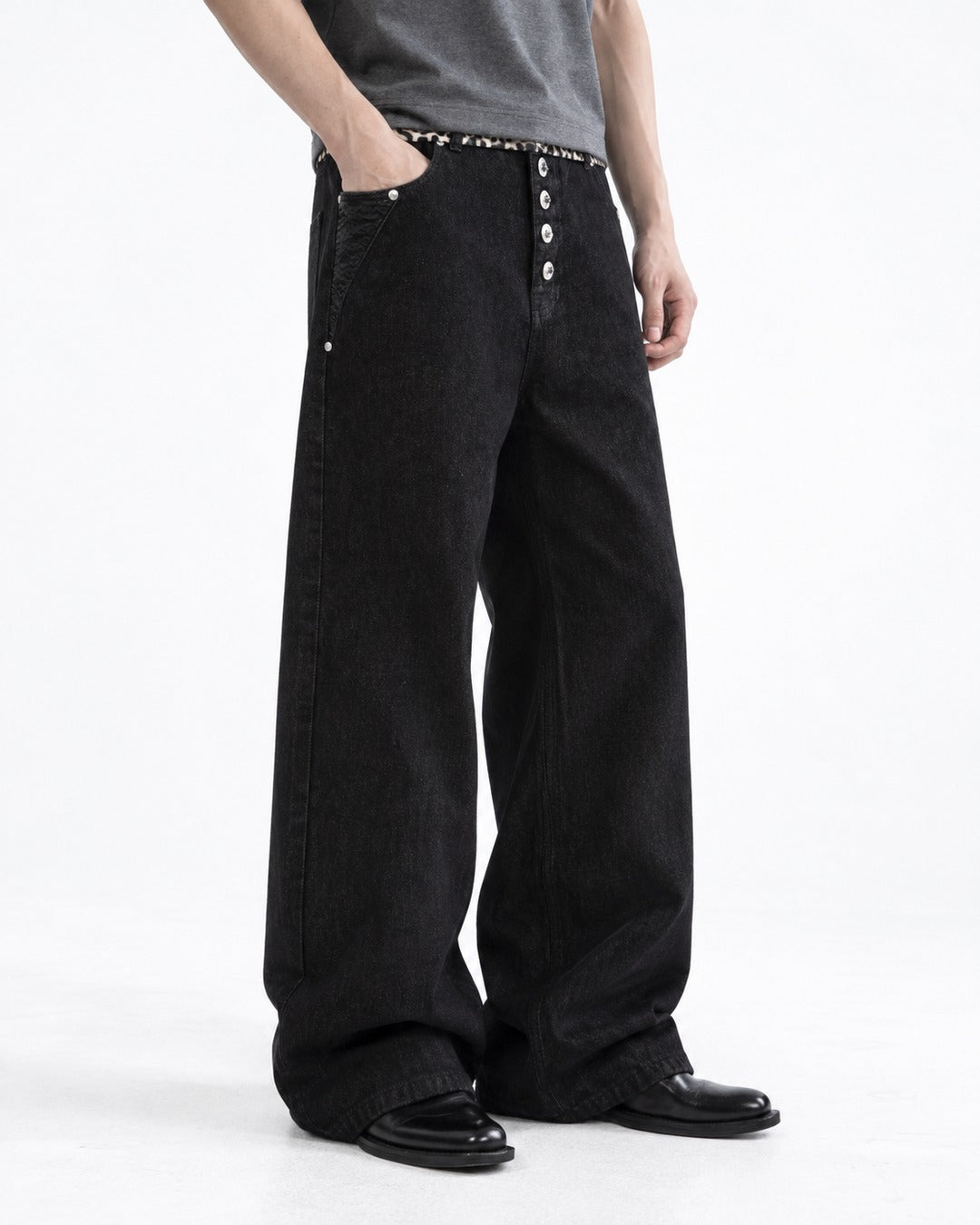 Leopard Waist Button Fly Wide Black Jeans