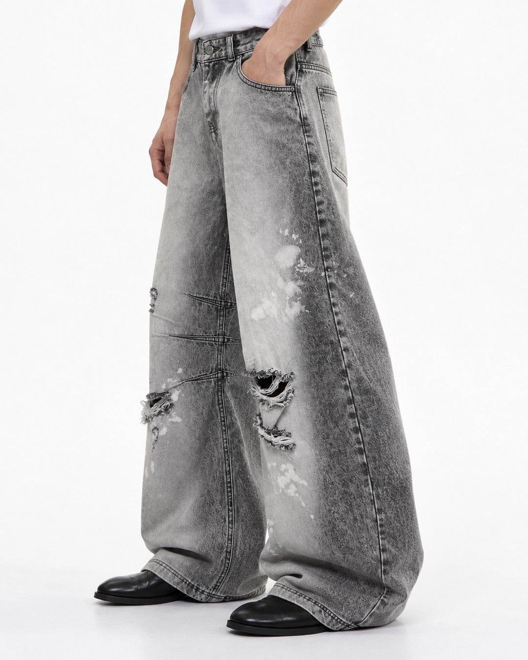 Gray Acid-Wash Ripped Wide-Leg Jeans