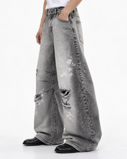 Gray Acid-Wash Ripped Wide-Leg Jeans
