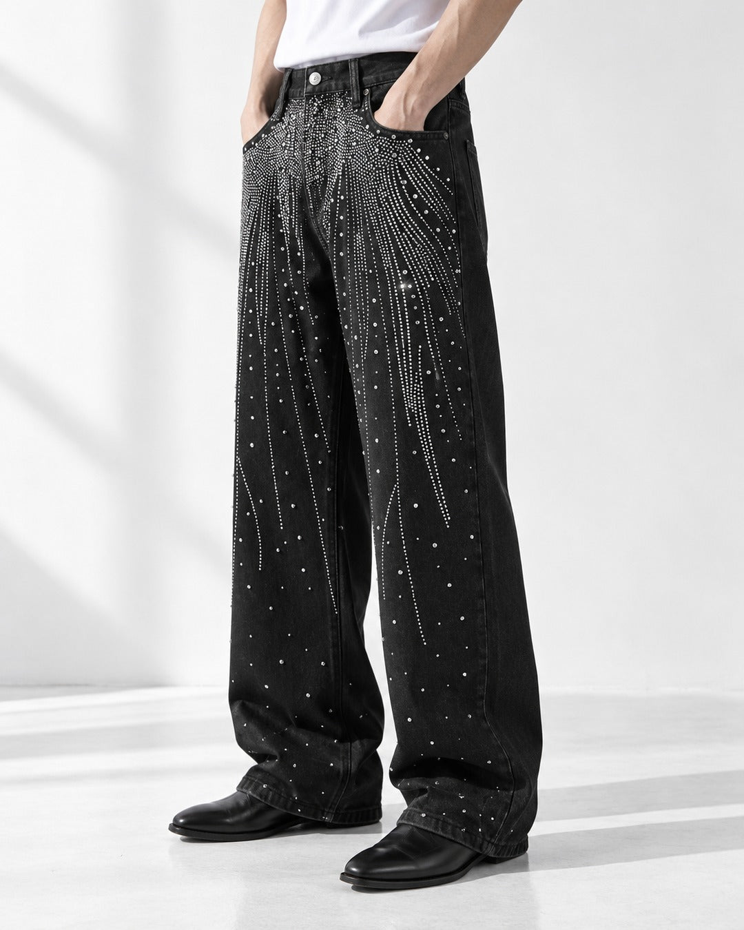 Rhinestone Burst Wide-Leg Black Jeans