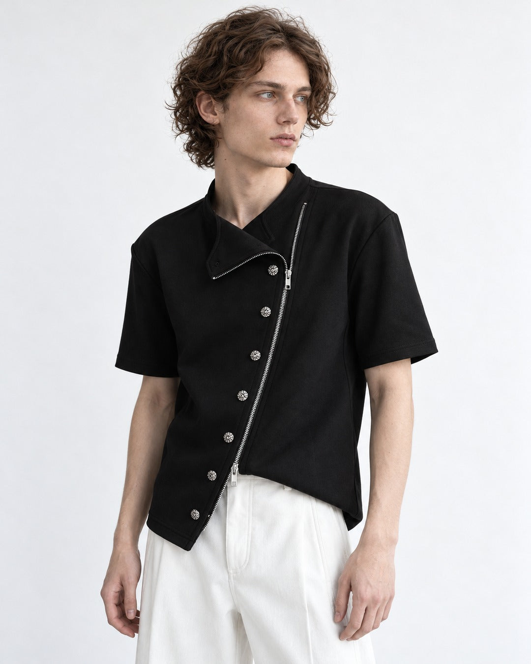 Diagonal Zip Stand Collar Top
