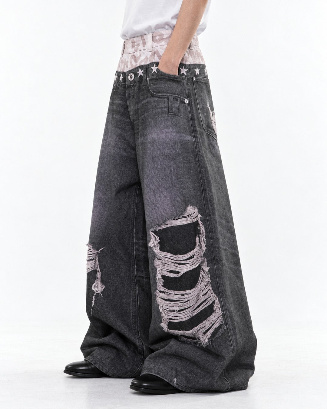 Star-Stud Double Waistband Shredded-Knee Jeans