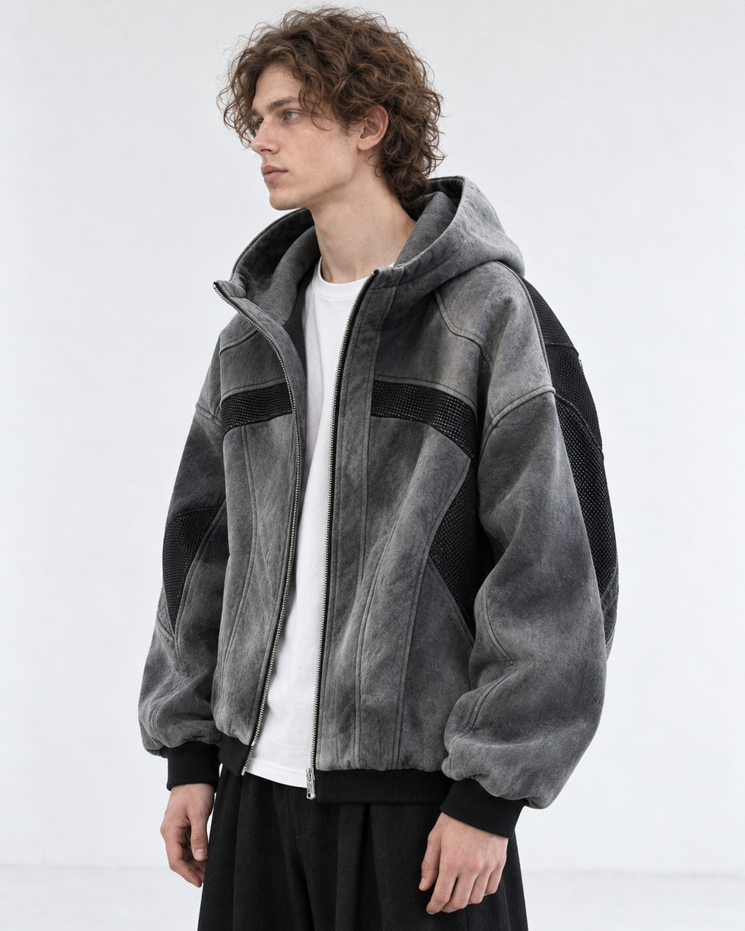 Washed Paneled Hooded Zip Jacket