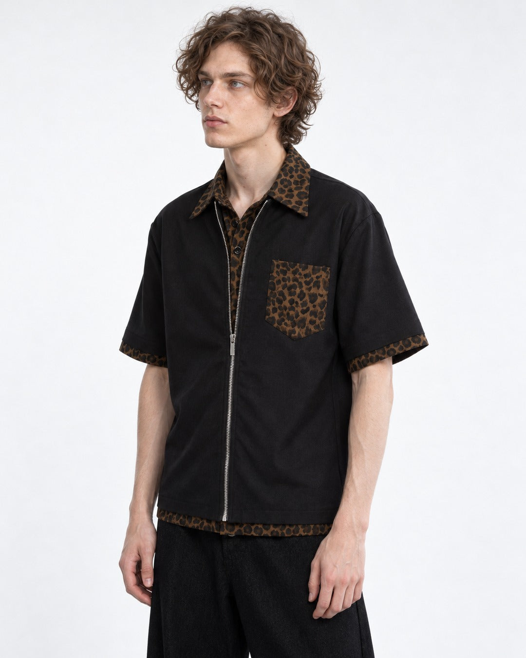 Leopard Trim Zip Shirt