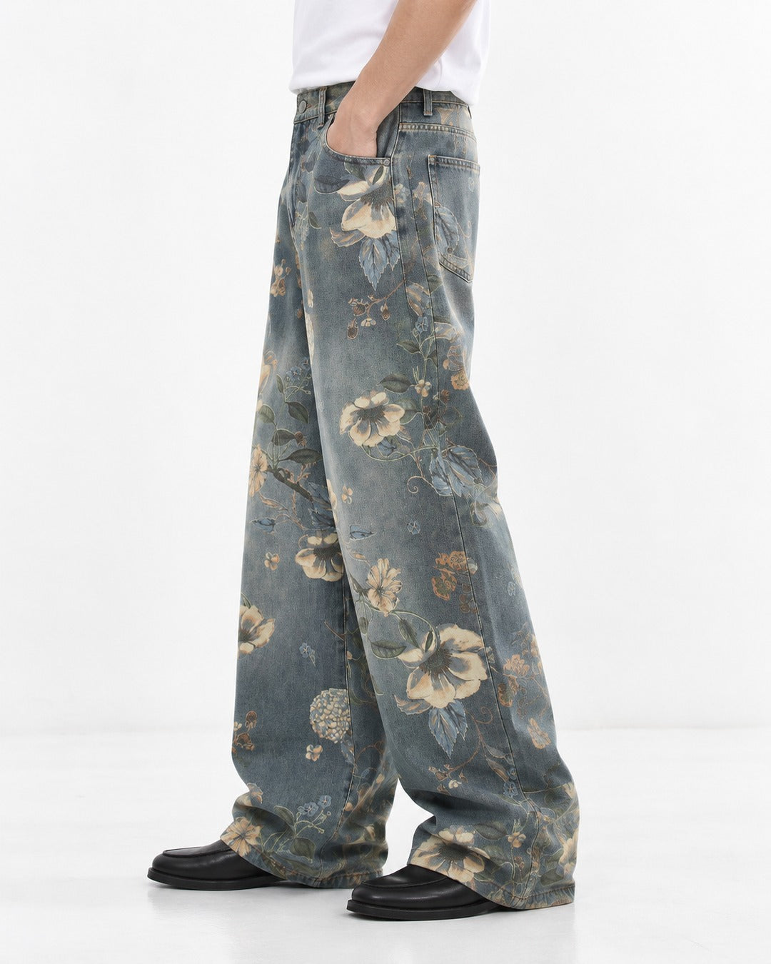Floral Print Washed Wide-Leg Jeans