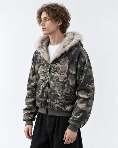 Camouflage Fur-Lined Hooded Bomber Jacket